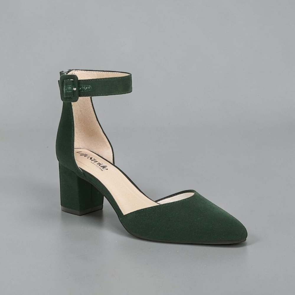 Life Stride Admire Forest Green Suede Ankle Strap Block Heel Pumps